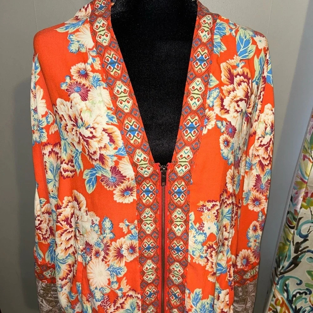 Free People Jacket Womens M/L Floral Full Zip Drawstring Waist Boho Light C28